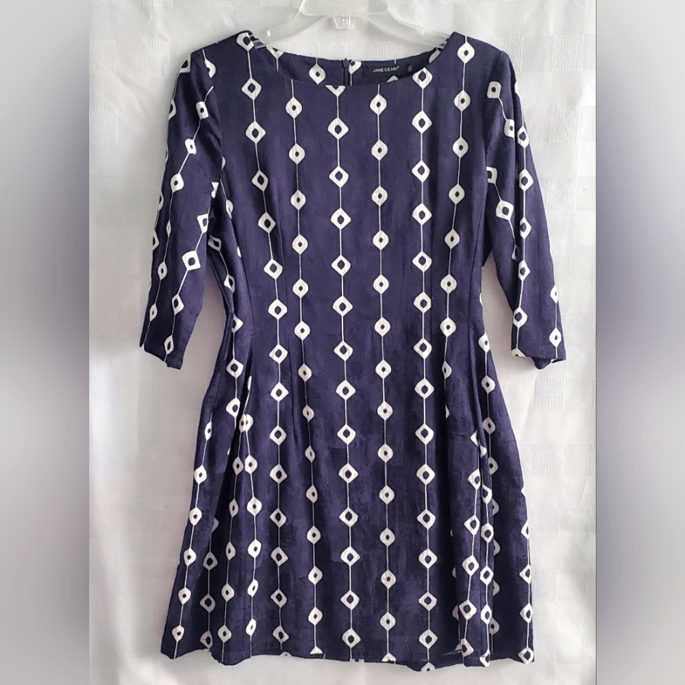 Navy Blue & White Jacquard Fit & Flared dress Geo Pattern 3/4 Sleeve short dress